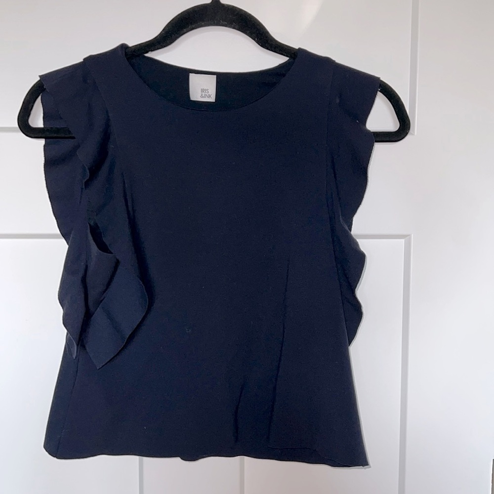 Iris & Ink Navy Ruffle Sleeve Tank